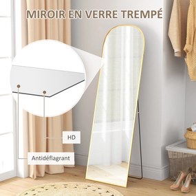 Espelho de pé retangular arredondado 50 x 161,5 cm, com moldura em alumínio e suporte, para a entrada, quarto ou vestiário, dourado