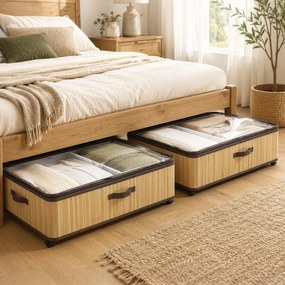 Conjunto de 2 Caixas de Arrumação para Debaixo da Cama com Rodas, 60 L, Tampa Transparente e Asa, Estrutura Metálica, 78,5x43x23 cm, Natural