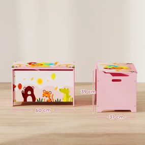 Baú de Brinquedos com Tampa Rebatível Fecho Suave Alças e Estampados de Animais 60x37x39 cm Rosa