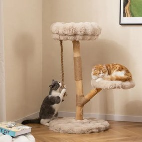 Arranhador para gatos 50 x 90 cm com plataforma central de atividades em madeira maciça, com postes para arranhar em juta natural, natural e bege