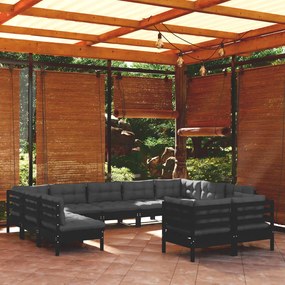 vidaXL 11 pcs conjunto lounge jardim c/ almofadões pinho maciço preto