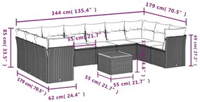 11 pcs conjunto sofás de jardim c/ almofadões vime PE bege