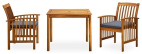 3 pcs conjunto de jantar p/ jardim c/ almofadões acácia maciça