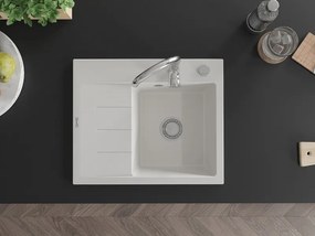 Mexen Ben lava-louça de granito 1-cuba com escorredor, direito 600 x 500 mm, branco, sifão cromado - 6523605000-20