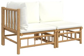 2 pcs conjunto lounge de jardim bambu c/ almofadões branco nata
