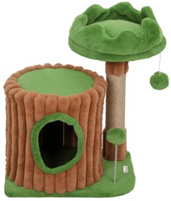 Arranhador para Gatos 53 cm Design de Tronco com Cama Caverna Poste de Juta Bolas Penduradas 40x30x53 cm Castanho e Verde