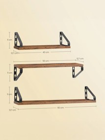 Conjunto de 3 prateleiras suspensa de parede, 3 tamanhos castanho-preto