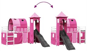 Cama alta para criança com torre 90x190 cm pinho maciço rosa