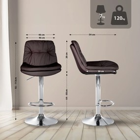 Banco de bar em couro sintético com estrutura prateada 92-113 x 46 x 54 cm castanho