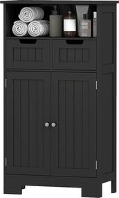 Móvel baixo de casa de banho com vários compartimentos, 2 gavetas, armário de duas portas com prateleira, preto