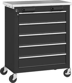 HOMCOM Carrinho de Ferramentas com 5 Gavetas Fecho Rodas com Travão e Bancada em Aço Inoxidável 65,5x34,5x76 cm Preto e Prateado | Aosom Portugal