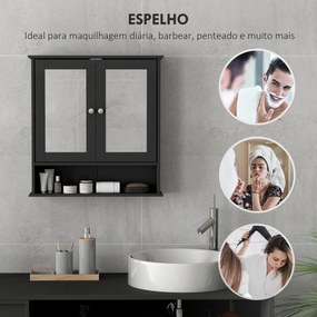 Armário de Casa de Banho com Espelho Armário de Parede com 2 Portas Prateleira Aberta e Ajustável 56x13x58cm Preto