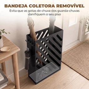 Suporte para Guarda-Chuvas em Aço Galvanizado, Estreito, com Tabuleiro Recolhe-Gotas Amovível, 4 Ganchos, 28x14x41 cm, Preto
