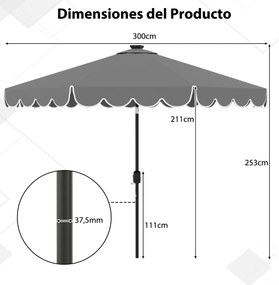 Guarda-sol de 300 cm com 24 luzes LED, parte superior ventilada, folhos e ajuste de inclinação cinzento