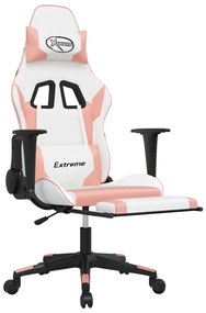 Cadeira gaming massagens c/ apoio pés couro artif. branco/rosa