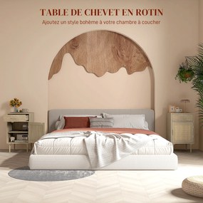 Mesa de cabeceira com armário e prateleira em rattan trançado, 1 gaveta, estilo boémio - 40 x 40 x 68,5 cm, natural