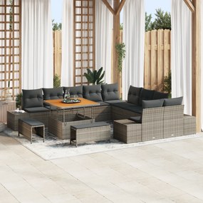 Conjunto de Sofá de Jardim de 13 Peças com Almofadas Cinza Rattan Poli Acácia