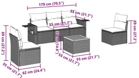 6 pcs conjunto sofás de jardim c/ almofadões vime PE preto