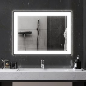 Espelho Casa de Banho com Luz LED 80x60 cm Iluminação Ajustável Função Anti-Embaciamento Função Memória Preto