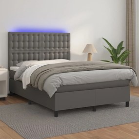 vidaXL Cama box spring c/ colchão/LED 140x200cm couro artificial cinza