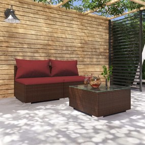 vidaXL 3 pcs conjunto lounge jardim c/ almofadões vime PE castanho