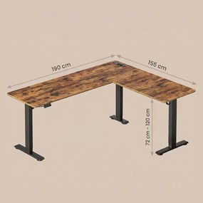 Secretária de canto em forma de L, secretária com altura ajustável, 190 x 155 x (72-120) cm castanho