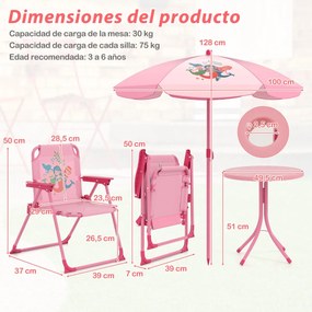 Conjunto de piquenique para crianças 3-6 anos Mesa de atividades ao ar livre com 2 cadeiras dobráveis e guarda-sol ajustável em altura Rosa