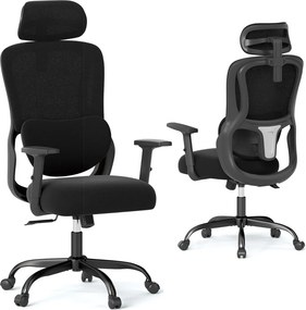 Cadeira ergonómica de escritório com apoio de cabeça ajustável e apoio lombar giratório e reclinável para casa, escritório Preto
