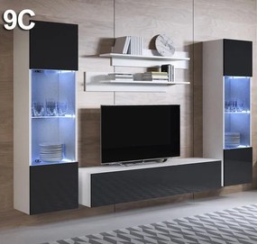 Conjunto de Sala Gandra – 2,6 m – Branco e Preto com Estantes e Vitrin
