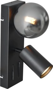 Candeeiro de Parede Moderno Preto 2-Luzes Inclinável com Porta USB-C - Lesly