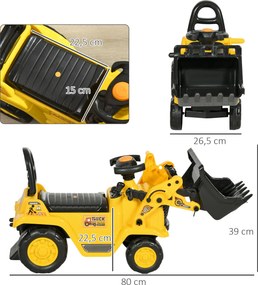 Carro Andador para Crianças Escavadora para Crianças com Pá Dianteira Buzina Volante e Compartimento Oculto 80x26,5x39 cm Amarelo
