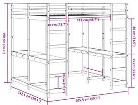 Cama alta c/ secretária e escada 140x200 cm pinho maciço branco