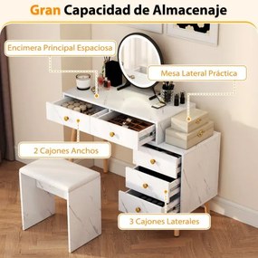 Conjunto de Toucador para maquilhagem com espelho removível, 3 luzes, 5 gavetas e banquinho acolchoado branco