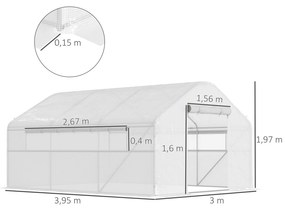 Estufa tipo Túnel 4x3x2 m Estufa de Exterior com 2 Janelas Cobertura PE Anti UV e 1 Porta de Enrolar Branco