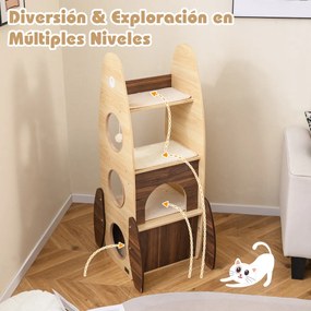 Torre para gatos 42,5 x 40 x 120 cm com casinha de madeira e arranhador em sisal, plataforma almofadada e bola suspensa natural