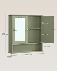 Armário de parede com espelho 13 x 56,5 x 58,5 cm com 2 portas espelhadas e compartimento aberto, para montagem na parede, verde salva