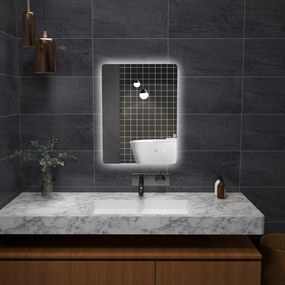 Espelho retangular de parede com iluminação LED para casa de banho, 80 x 60 cm, luminosidade regulável, branco transparente