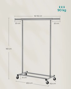 Guarda roupa com Rodas, carga até 90 kg 45,4 x (92-132) x 160 cm Cinzento