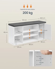 Banco para sapatos 30,5 x 104 x 48 cm (P x L x A) com espaço de arrumação e compartimentos abertos ajustáveis