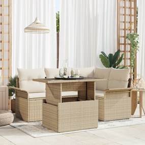vidaXL Conjunto de Sofá de Jardim de 5 Peças com Almofadas Bege de Rattan Polietileno