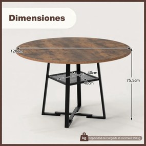 Mesa redonda de 120 cm com prateleira em malha (CADEIRAS INCLUIDAS) e estrutura metálica com travessas de madeira para 4-6 pessoas, castanho rústico e