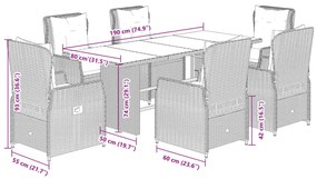 7 pcs conjunto de jantar p/ jardim c/ almofadões vime PE cinza