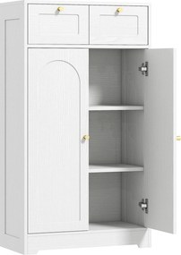 Armário de Casa de Banho Estreito com 2 Gavetas Prateleira Aberta e Porta com Painel Arqueado 60x30x108 cm Branco Texturizado
