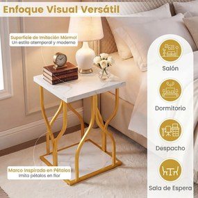 Mesa de apoio Quadrada, 39,5 x 39,5 x 59,5 cm, 2 Níveis de Arrumação imitação mármore, Dourado
