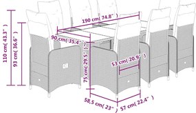 9 pcs conjunto bistrô de jardim c/ almofadões vime PE castanho