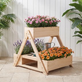 Floreira vertical em madeira de abeto 66 x 58 x 60 cm com 3 vasos e estante de arrumação aberta, com orifícios de drenagem, para jardim ou pátio, natu