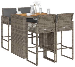 vidaXL 5 pcs conj. de bar jardim c/ almofadões vime PE/acácia cinzento
