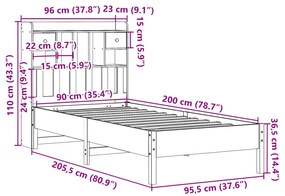 Cama com estante sem colchão 90x200 cm pinho maciço branco