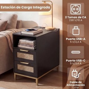 Conjunto de 2 mesas de cabeceira em rattan 60 x 35 x 61 cm com estação de carregamento e 2 gavetas estilo boho com armazenamento aberto preto e dourad