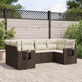 6 pcs conjunto de sofás jardim c/ almofadões vime PE castanho